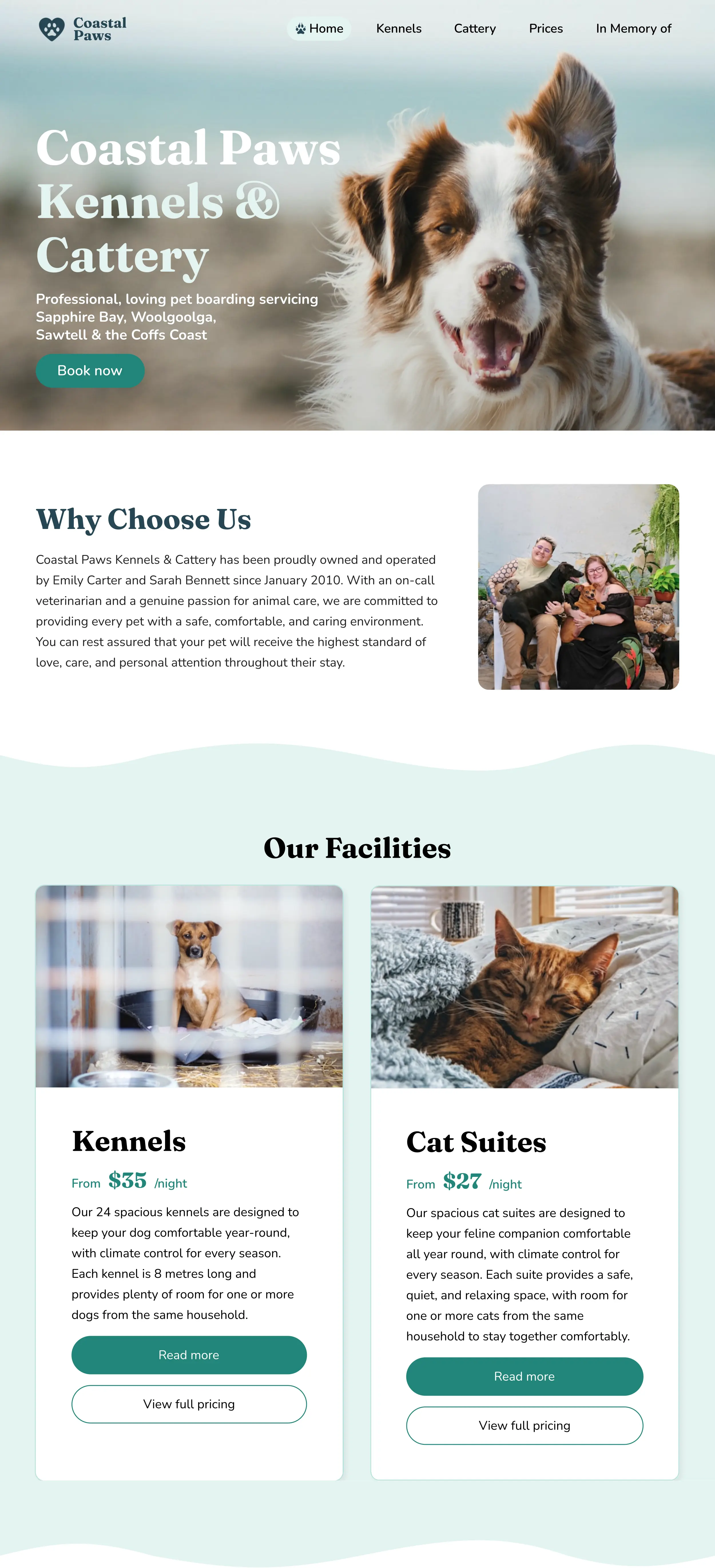 Coastal Paws Kennels & Cattery redesigned homepage with a clear hero, CTA, and facility overview