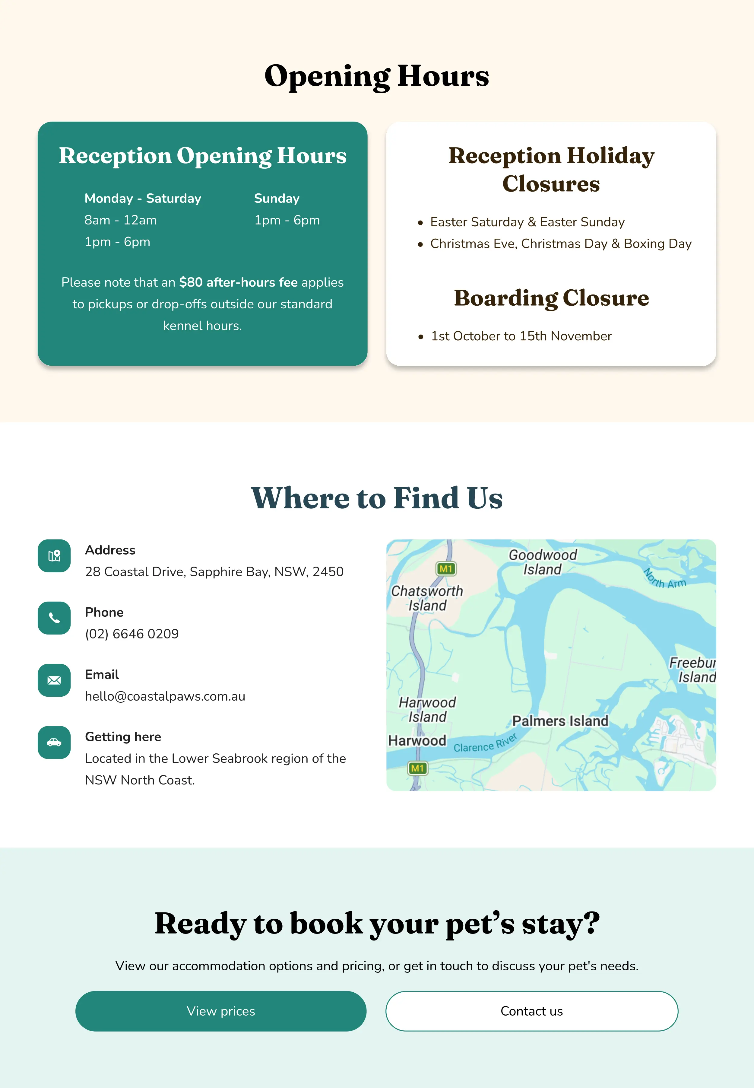 Homepage sections showing opening hours and location information