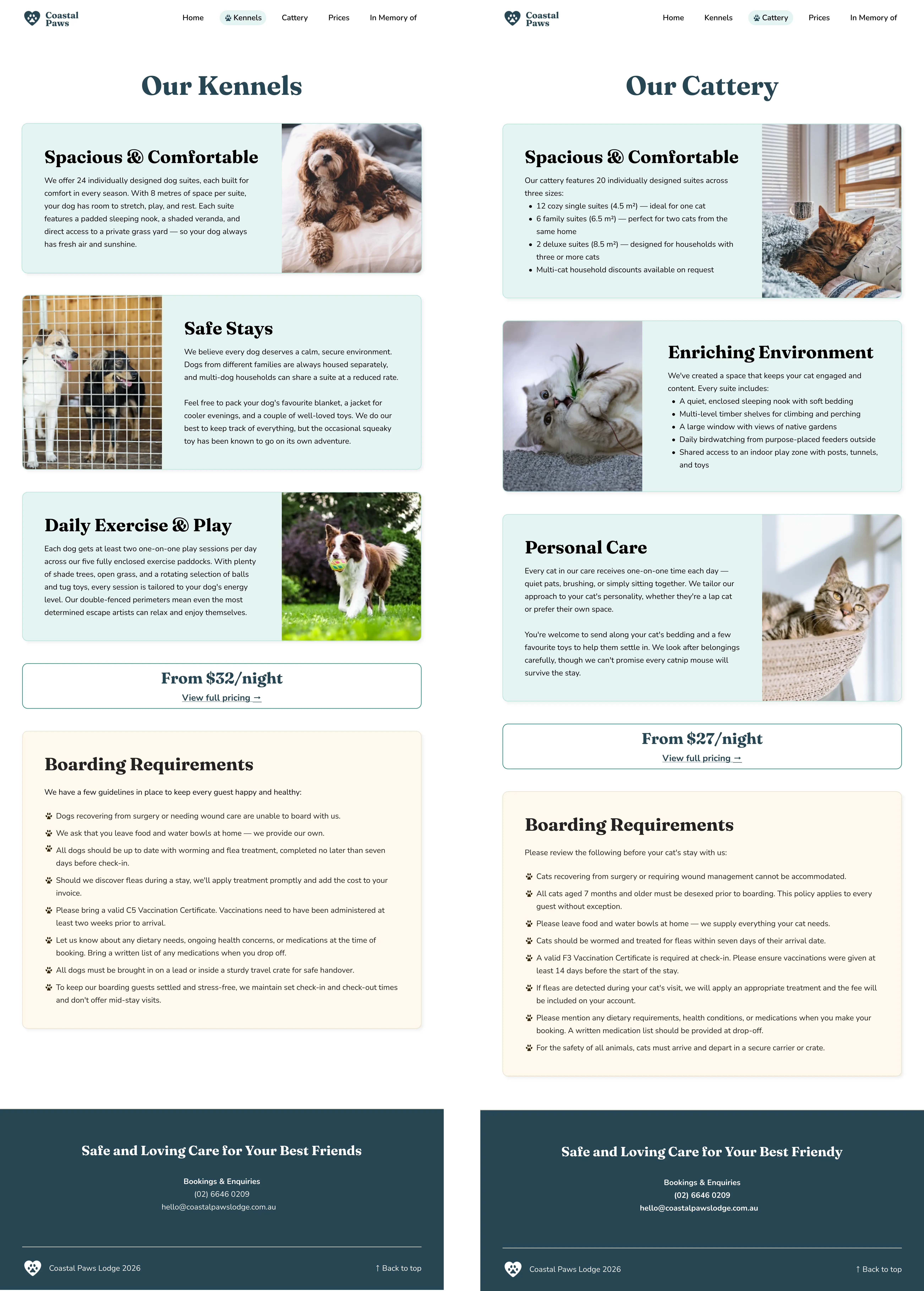 Redesigned Kennels page with clear sections for space, daily care, and boarding requirements