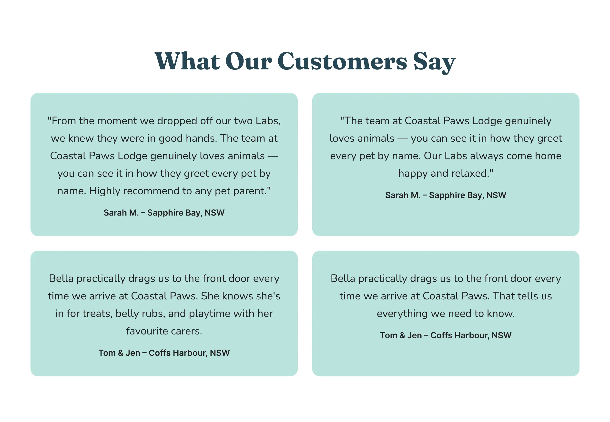 Customer testimonials displayed on the homepage