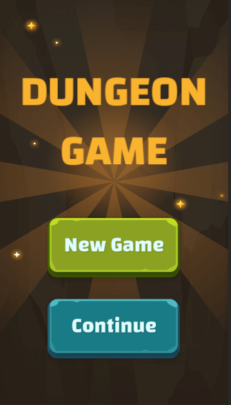 Dungeon Game title screen with New Game and Continue buttons