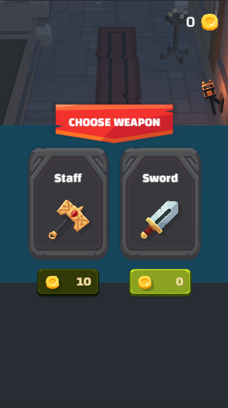 Choose weapon screen offering a Staff or a Sword, priced in coins
