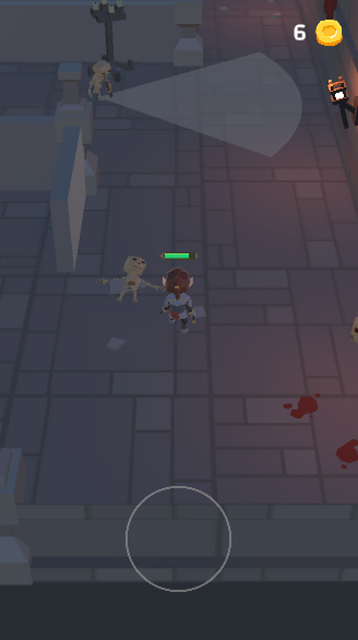 Player sneaking up on a skeleton using a flashlight cone and joystick controls