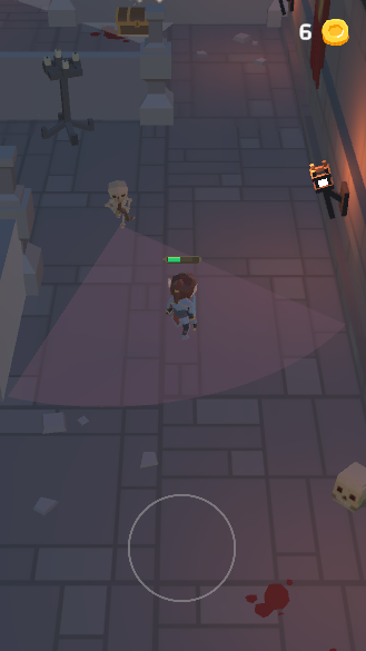 Player fighting a skeleton in a dungeon corridor with a wider spotlight cone