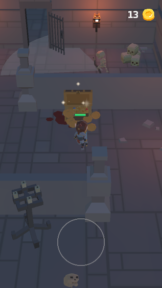 Player opening a treasure chest to collect coins near a sleeping skeleton