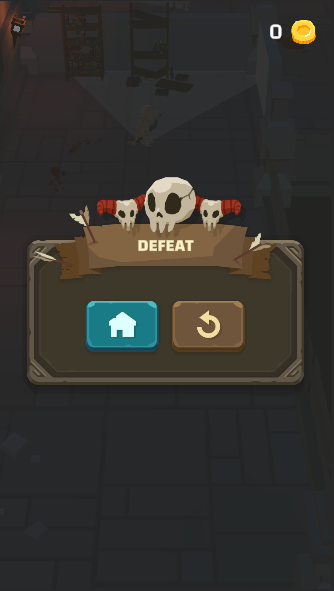 Defeat screen with a skull banner and Home and Retry buttons