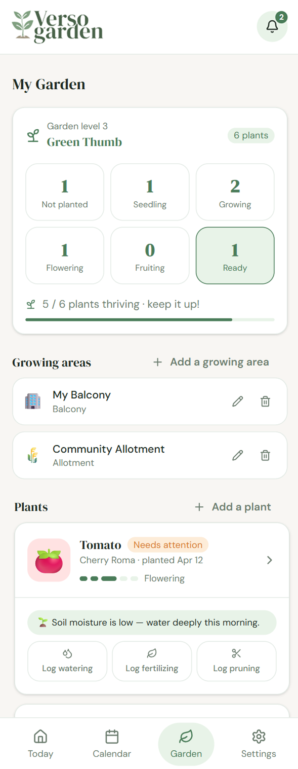 Garden view showing the user's growing spaces and plants