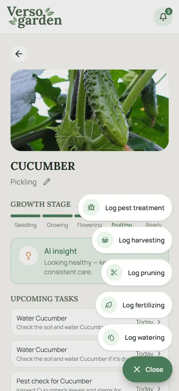 Plant details screen with one-tap watering log and undo option