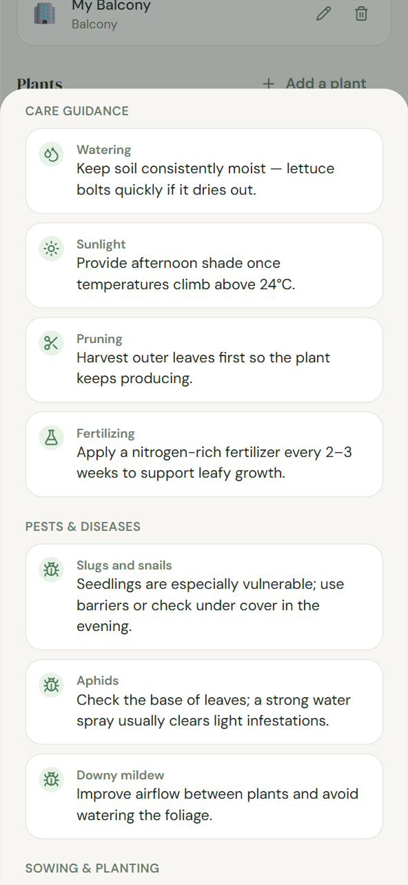 Plant care screen showing all plant care information