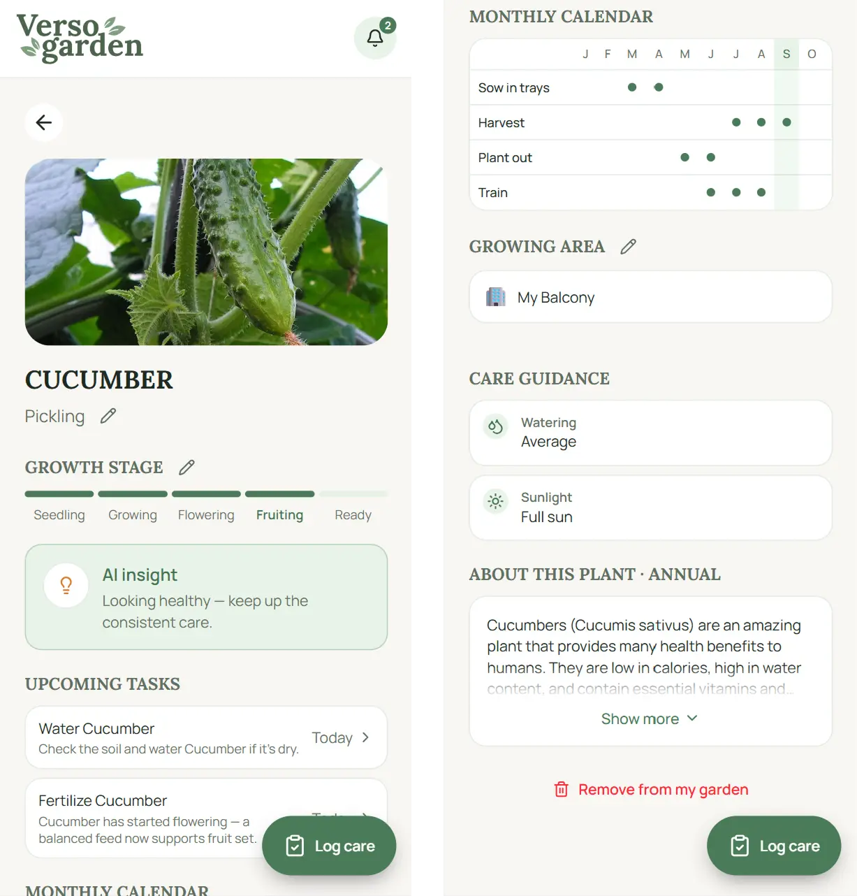 Plant care screen showing all plant care information