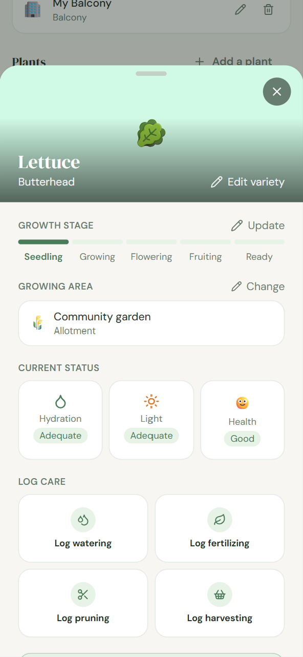 Plant details screen with one-tap watering log and undo option
