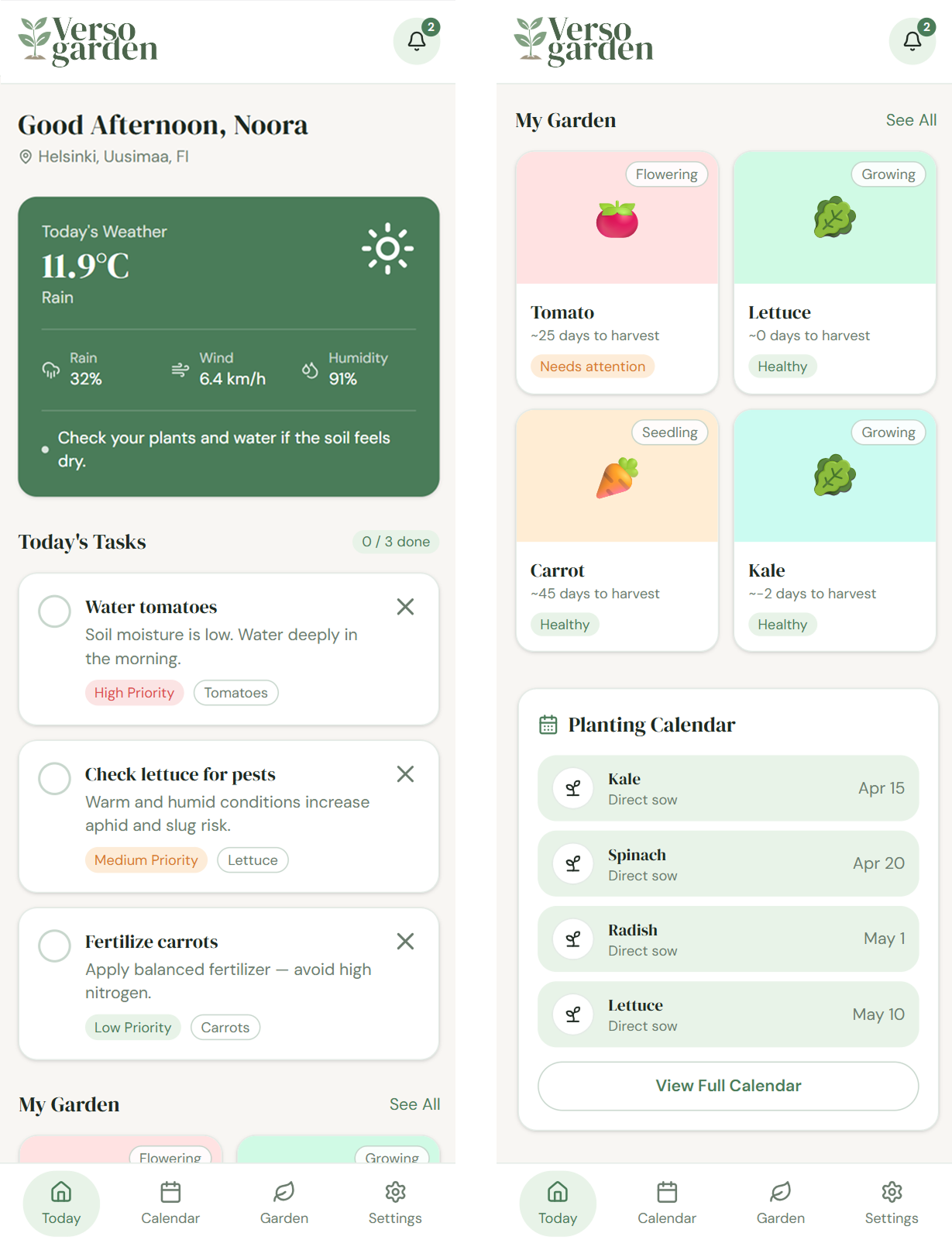 Verso Garden daily dashboard